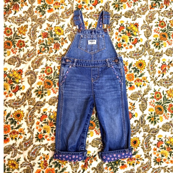 OshKosh B'gosh Other - OshKosh Bgosh Denim Overalls Baby Toddler Blue Floral Trim Size 24 Months